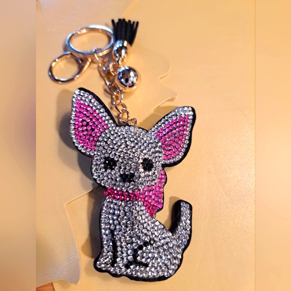 Cute, White and Pink Chihuahua KeyRing or Bag Charm. 2"